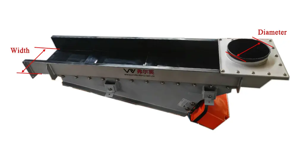 electromagnetic vibrating feeder inlet and outlet dimensions diagram showing trough width and outlet diameter