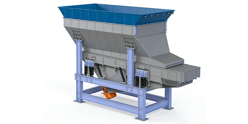 Trough type vibrating conveyor for industrial bulk material transportation