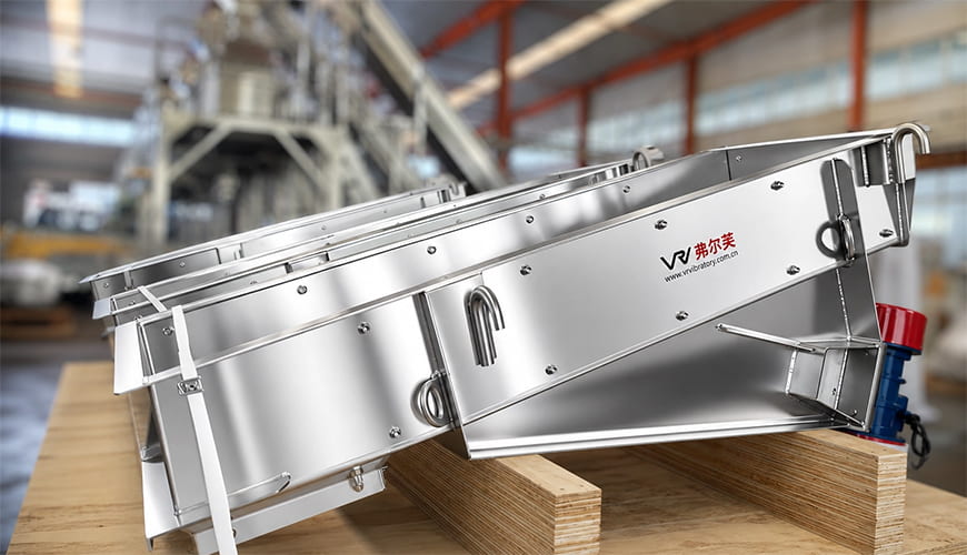 VRV branded stainless steel vibrating feeder close-up for industrial bulk handling