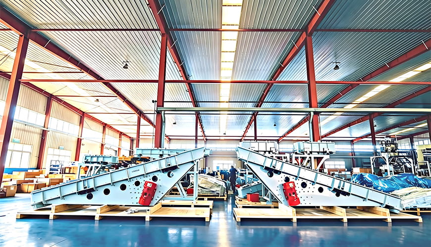 Large industrial vibrating feeders under production at VRV manufacturing facility