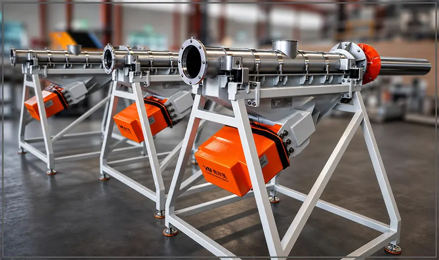 Batch of electromagnetic vibrating tube conveyors in factory workshop, ready for testing and shipment