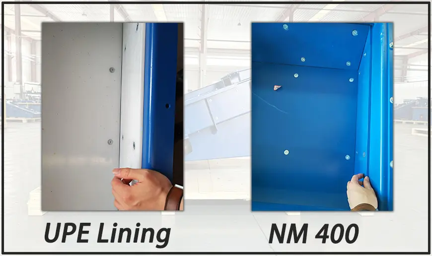 UPE lining vs NM400 steel lining comparison for vibrating feeders in glass industry
