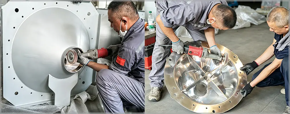 Worker polishing stainless steel bin activator internal components